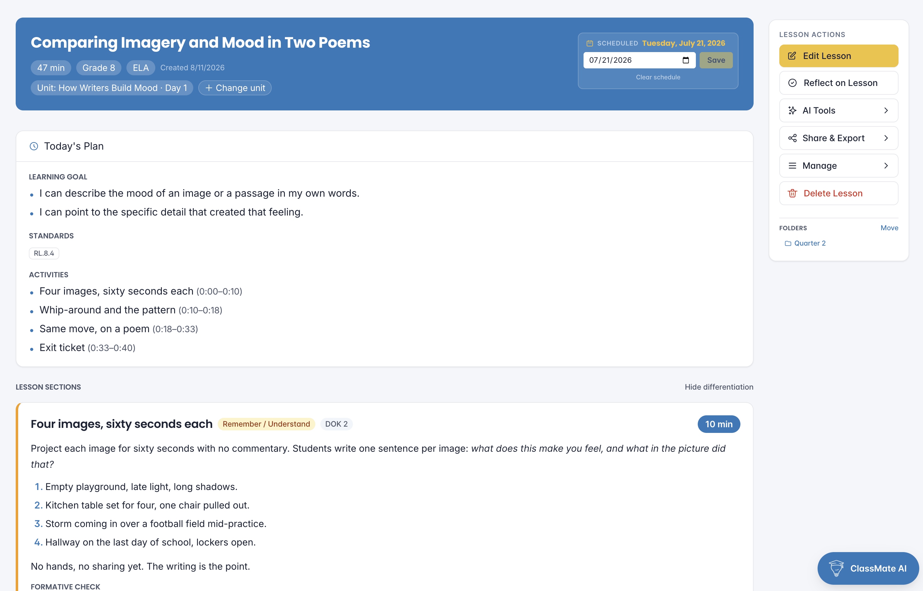 A generated lesson plan
